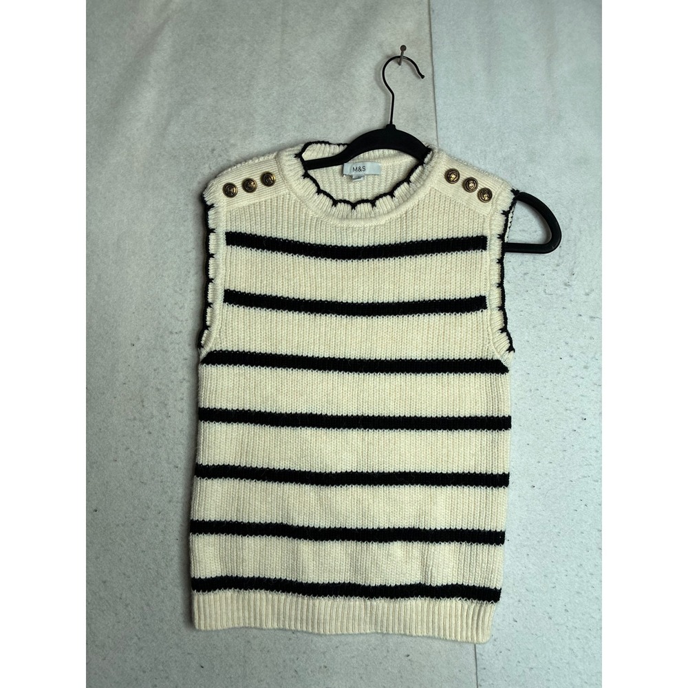 M&S Marks & Spencer Ivory Striped Sweater Vest Gold Button Shoulder Small 3563